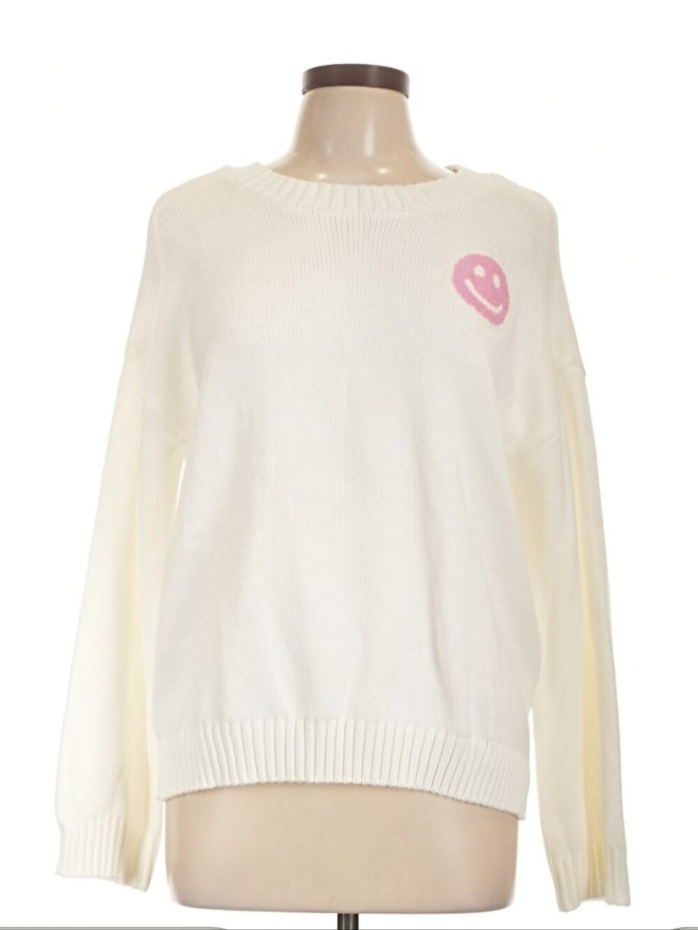Jessuca Simpson NWT Cream Knit Sweater with Pink Smiley Face Accent